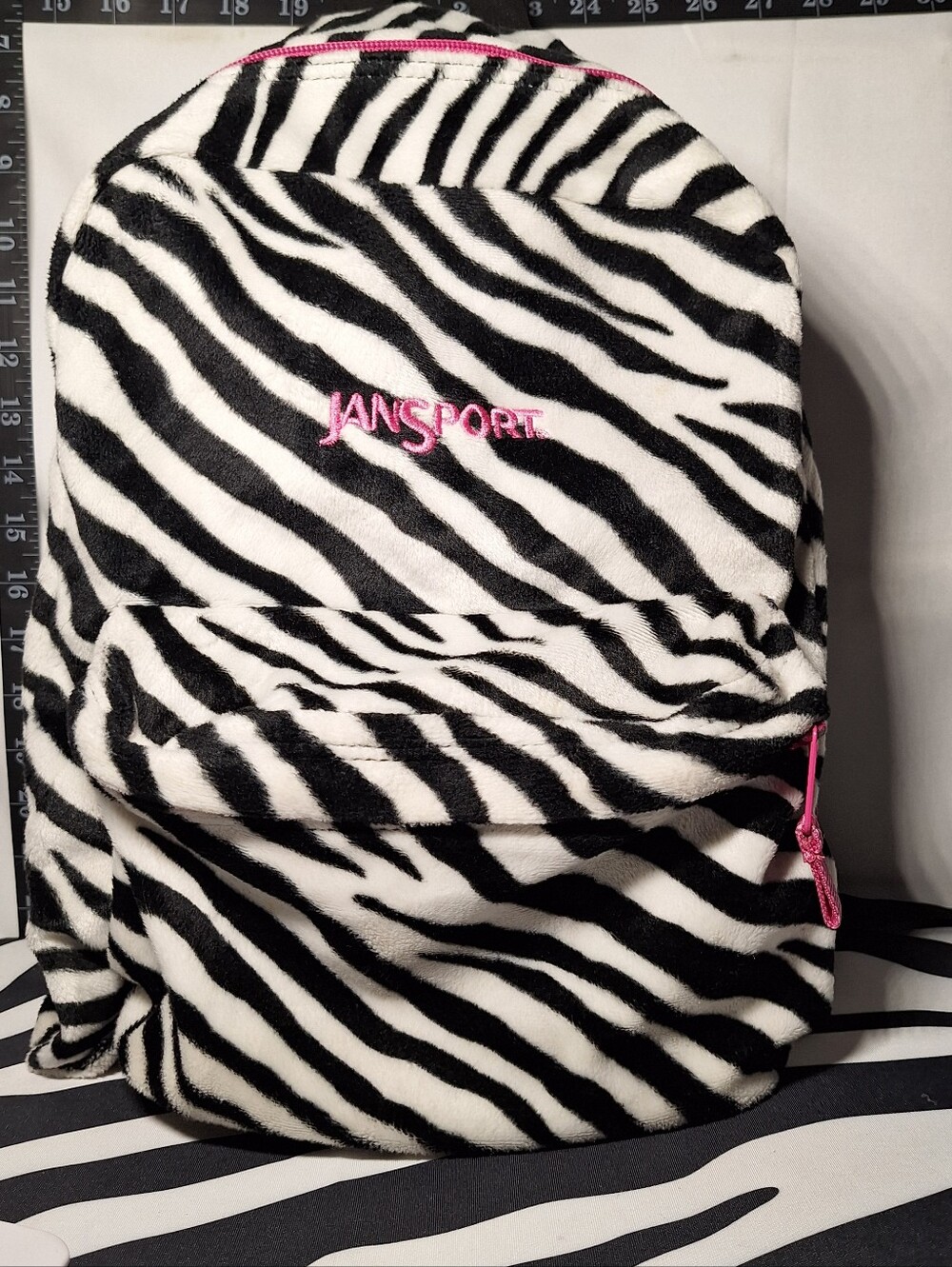 Jansport Backpack, Zebra Stripes, Faux Fur-Like, Black & White w/Pink Accents